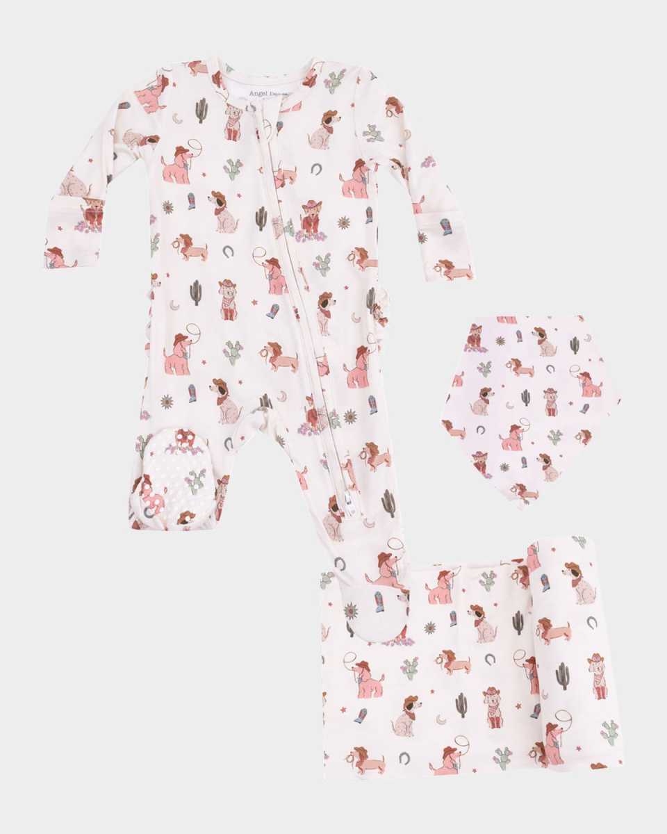 Girl's Cowgirl Dogs 2-Way Zip Footie, Bib and Blanket Set, Size Newbor
